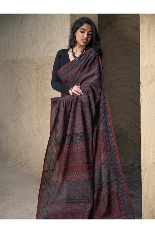 Exclusive Bagh Hand Block Printed Cotton Saree - Grey Paisleys