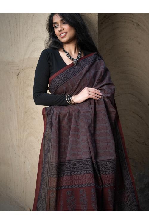 Exclusive Bagh Hand Block Printed Cotton Saree - Grey Paisleys