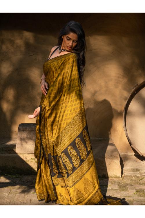 Exclusive Bagh Hand Block Printed Modal Silk Saree - Floral Appeal