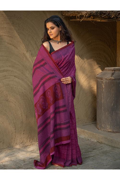 Exclusive Bagh Hand Block Printed Cotton Saree - Paisley Medley