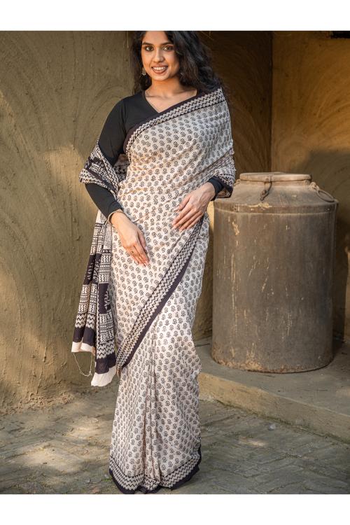 Exclusive Bagh Hand Block Printed Cotton Saree - Floral Appeal