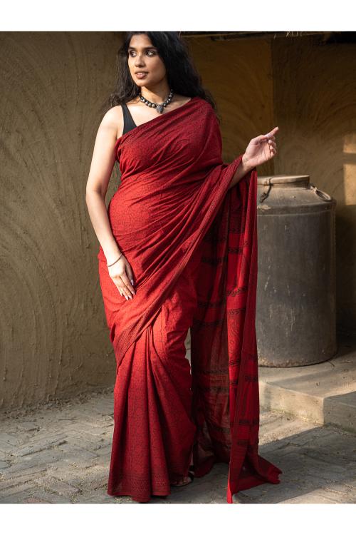 Exclusive Bagh Hand Block Printed Cotton Red & Black Saree - Red Floral