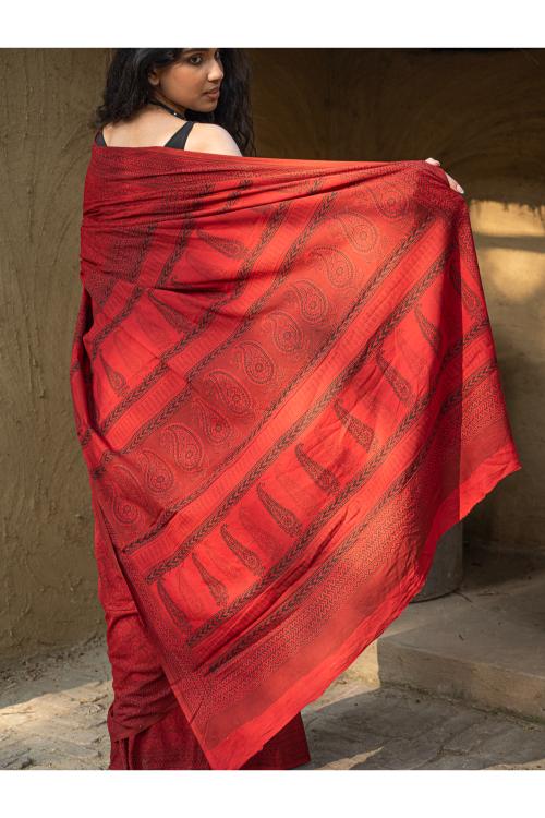 Exclusive Bagh Hand Block Printed Cotton Red & Black Saree - Red Floral