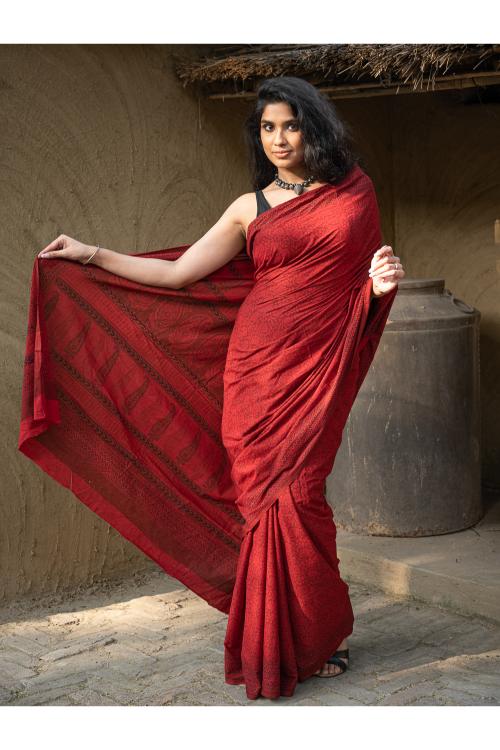 Exclusive Bagh Hand Block Printed Cotton Red & Black Saree - Red Floral