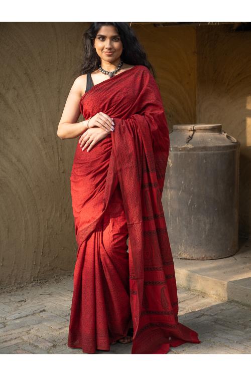 Exclusive Bagh Hand Block Printed Cotton Red & Black Saree - Red Floral