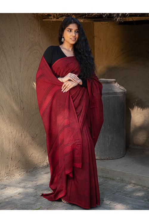 Exclusive Bagh Hand Block Printed Cotton Saree -  Red Paan