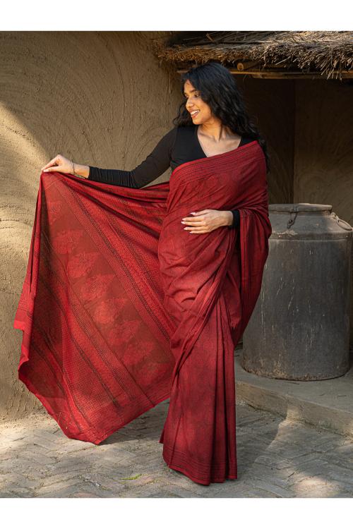 Exclusive Bagh Hand Block Printed Cotton Saree -  Red Paan