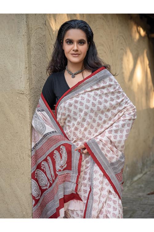 Exclusive Bagh Hand Block Printed Cotton Saree - Beige Floral