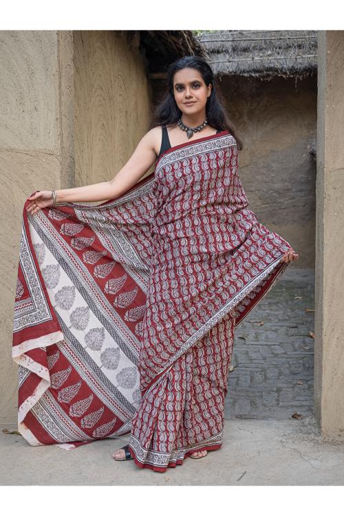 Exclusive Bagh Hand Block Printed Modal Silk Saree - Paisleys