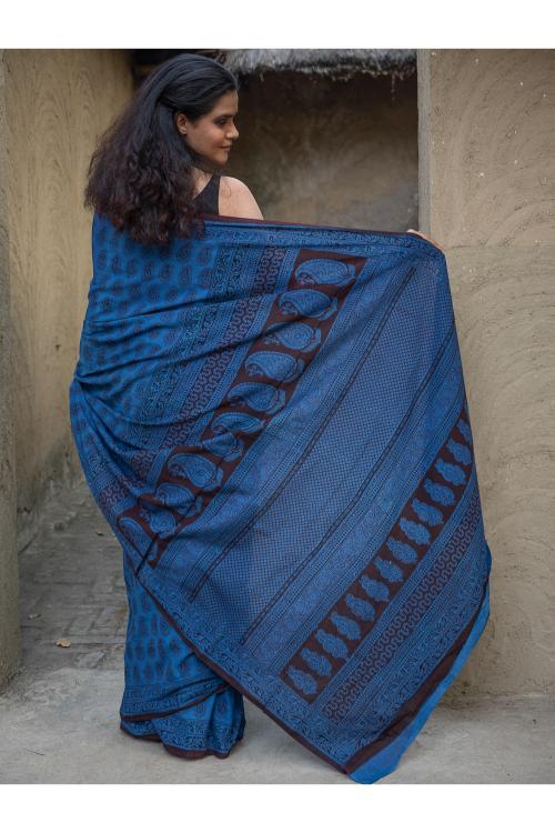 TICH Exclusive Bagh Hand Block Printed Cotton Saree - Blue Paisleys