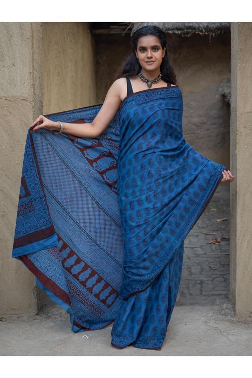 TICH Exclusive Bagh Hand Block Printed Cotton Saree - Blue Paisleys