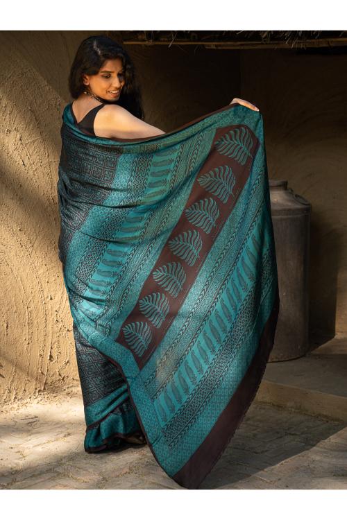 Exclusive Bagh Hand Block Printed Modal Silk Saree - Brown Squares