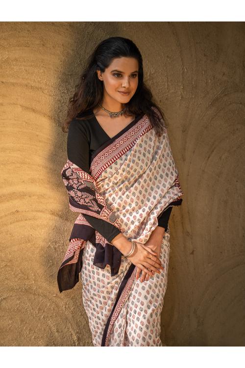 Exclusive Bagh Hand Block Printed Cotton Saree - Beige Flowers