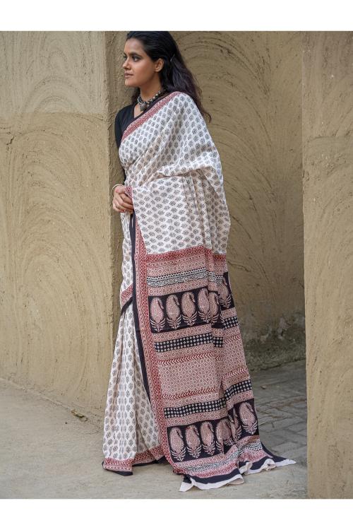 Exclusive Bagh Hand Block Printed Modal Silk Saree - Beige Florets