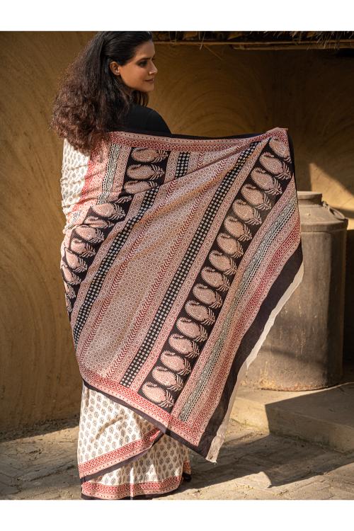 Exclusive Bagh Hand Block Printed Modal Silk Saree - Beige Florets