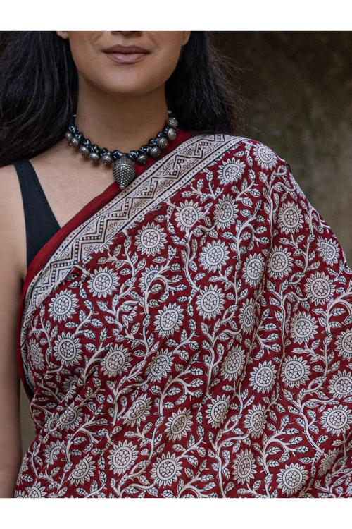 Exclusive Bagh Hand Block Printed Cotton Saree - White Flowers