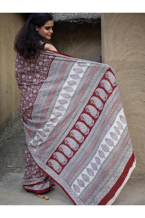 Exclusive Bagh Hand Block Printed Cotton Saree - White Flowers