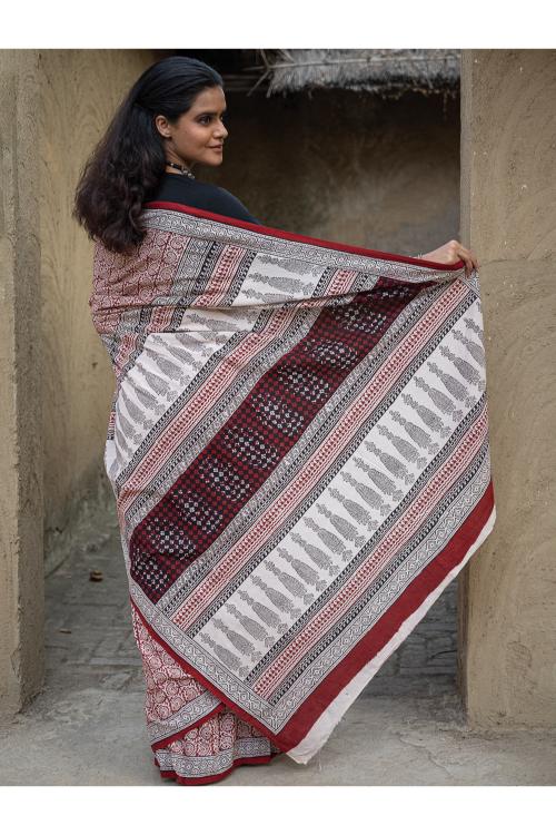 Exclusive Bagh Hand Block Printed Cotton Saree - Red Floral