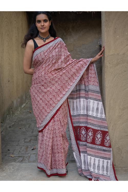 Exclusive Bagh Hand Block Printed Cotton Saree - White Floral