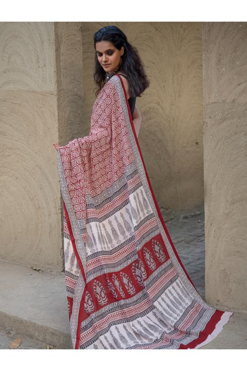 Exclusive Bagh Hand Block Printed Cotton Saree - White Floral