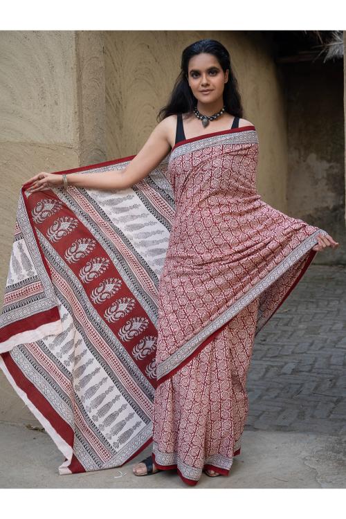 Exclusive Bagh Hand Block Printed Cotton Saree - White Floral