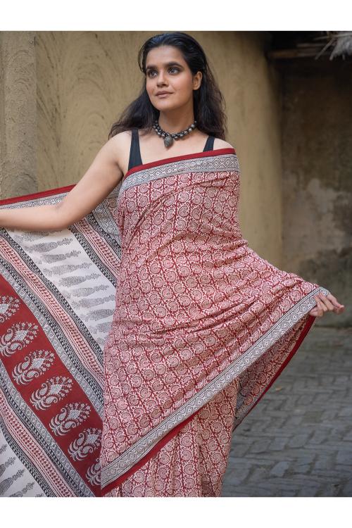 Exclusive Bagh Hand Block Printed Cotton Saree - White Floral