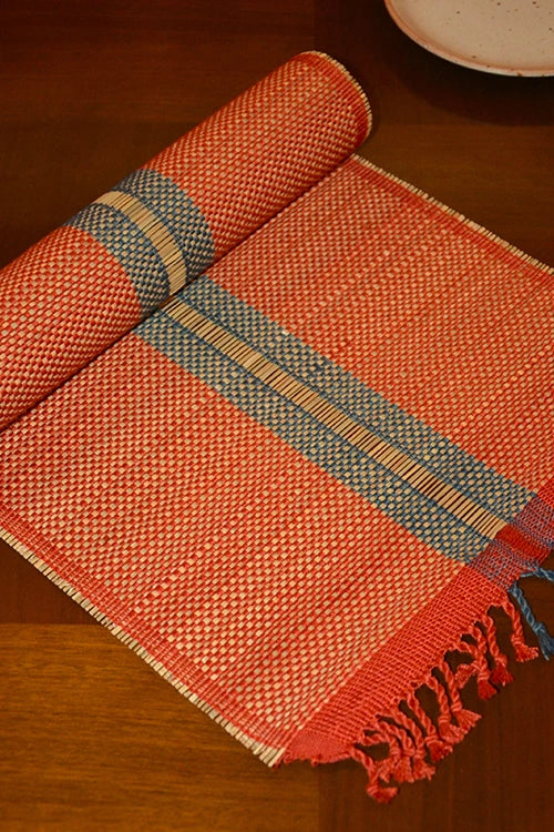 Dharini Madurkathi Striped Tassels Table Runner Large Rust Grey