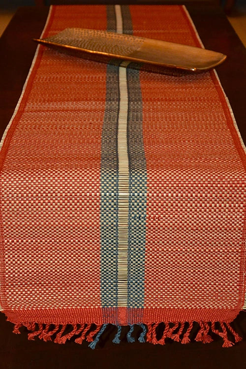 Dharini Madurkathi Striped Tassels Table Runner Large Rust Grey
