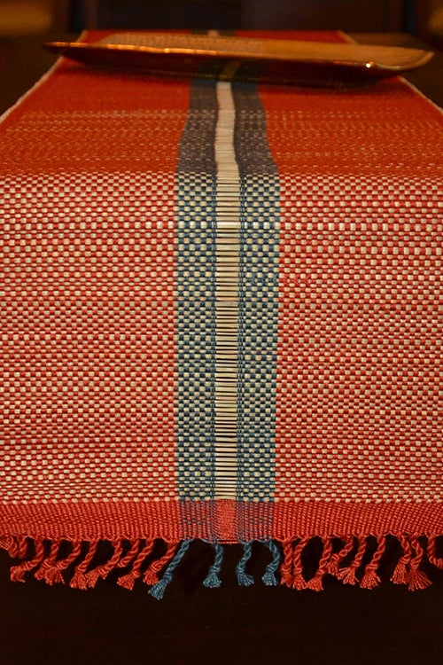 Dharini Madurkathi Striped Tassels Table Runner Large Rust Grey