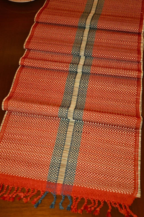 Dharini Madurkathi Striped Tassels Table Runner Large Rust Grey