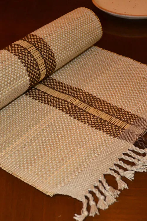 Dharini Madurkathi Striped Tassels Table Runner Large Beige Brown