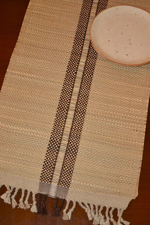 Dharini Madurkathi Striped Tassels Table Runner Large Beige Brown