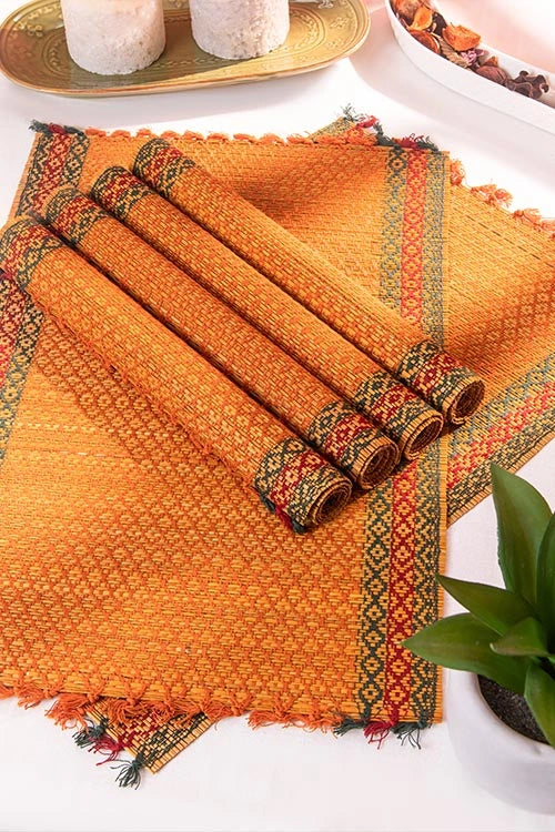 Dharini Madurkathi Tassels Placemats Mustard (Set Of 6)