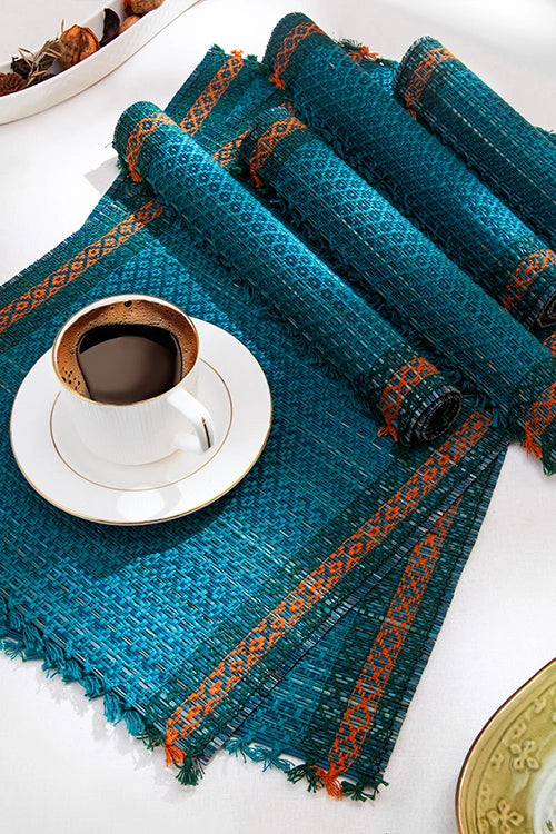 Dharini Madurkathi Tassels Placemats Teal Blue (Set Of 6)