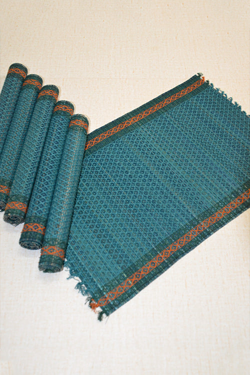 Dharini Madurkathi Tassels Placemats Teal Blue (Set Of 6)