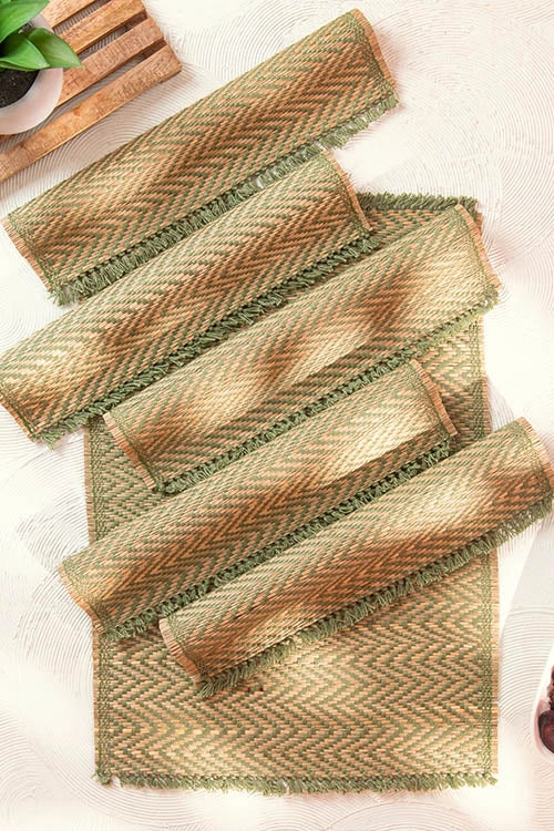 Dharini Madurkathi Chevron Tassels Placemats Sage Green (Set Of 6)