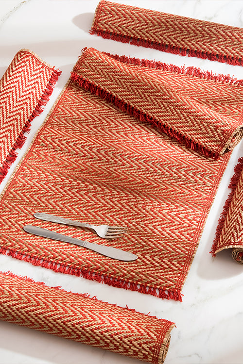 Dharini Madurkathi Chevron Tassels Placemats Rust (Set Of 6)