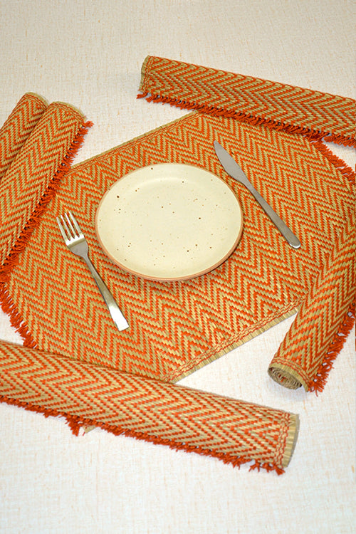 Dharini Madurkathi Chevron Tassels Placemats Rust (Set Of 6)