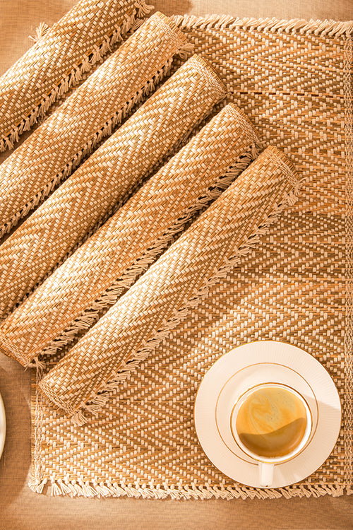 Dharini Madurkathi Chevron Tassels Placemats Sage Ivory (Set Of 6)