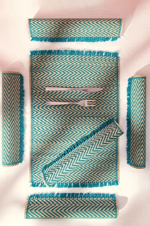 Dharini Madurkathi Chevron Tassels Placemats Teal (Set Of 6)