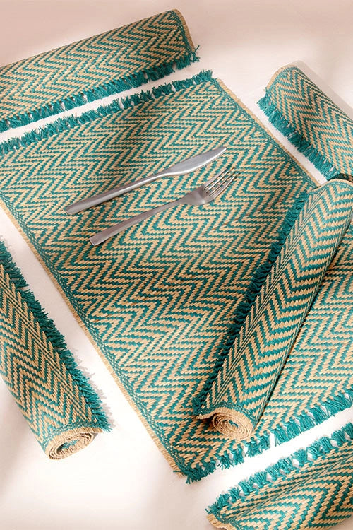 Dharini Madurkathi Chevron Tassels Placemats Teal (Set Of 6)