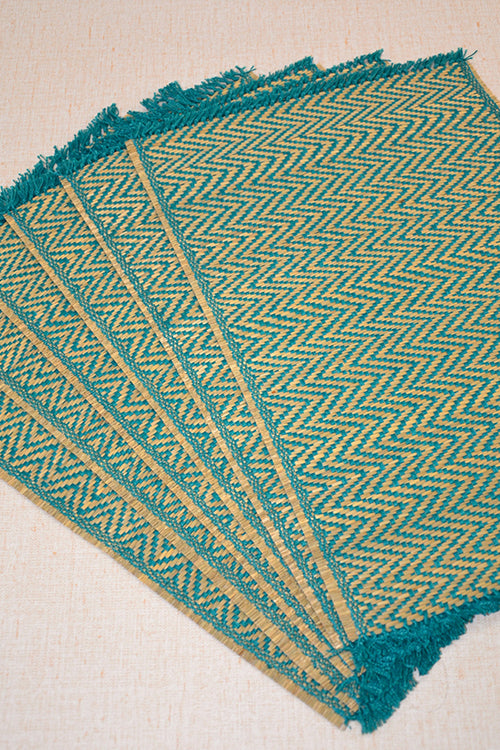 Dharini Madurkathi Chevron Tassels Placemats Teal (Set Of 6)