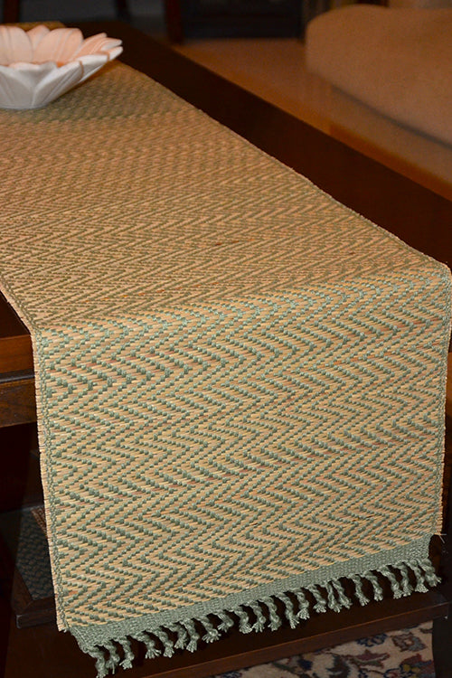 Dharini Madurkathi Tassels Chevron Table Runner Sage Green