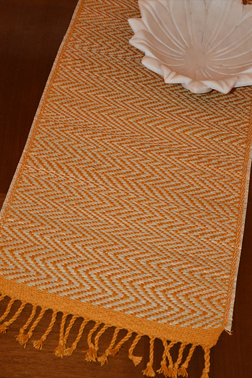 Dharini Madurkathi Chevron Tassels Table Runner Mustard Large