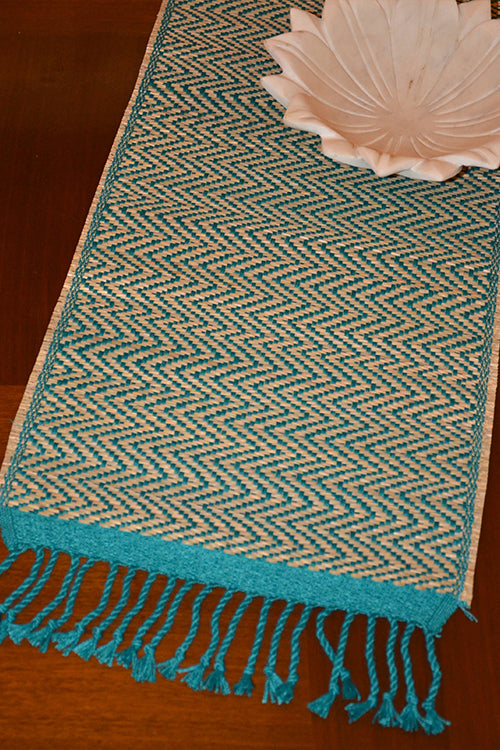 Dharini Madurkathi Chevron Tassels Table Runner Teal Large