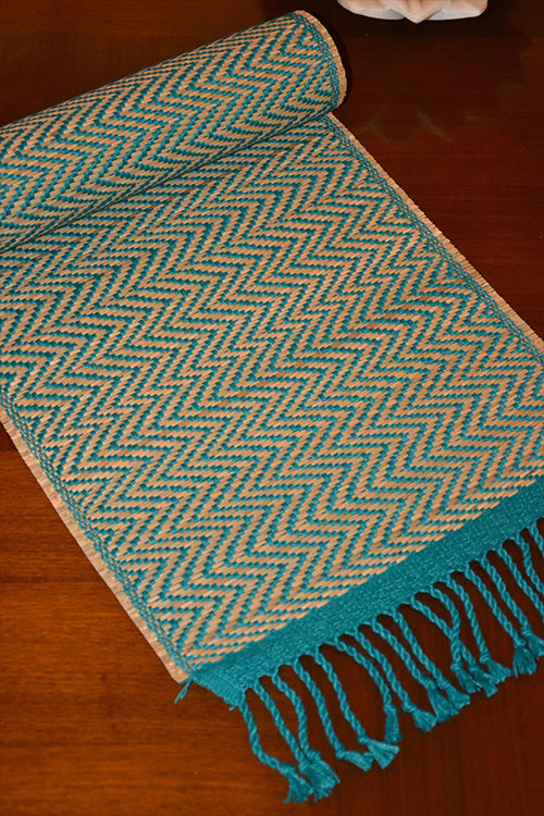 Dharini Madurkathi Chevron Tassels Table Runner Teal Large