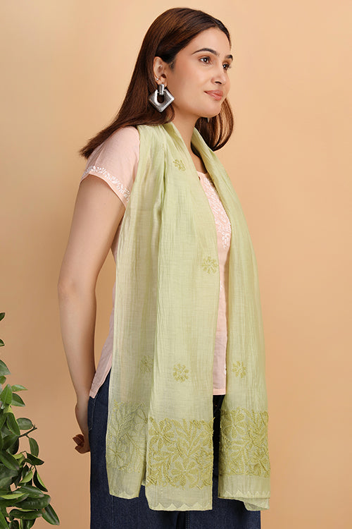 Shwet Women Green Chikankari Chanderi Stole