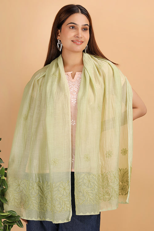 Shwet Women Green Chikankari Chanderi Stole