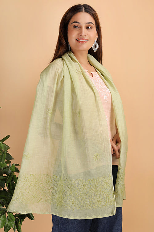Shwet Women Green Chikankari Chanderi Stole
