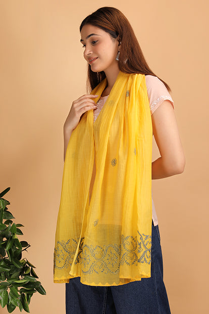 Shwet Women Yellow Chikankari Chanderi Stole